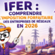 Illustration Fiscallia expliquant l’IFER, l’imposition forfaitaire des entreprises de réseaux en 2026, avec la mascotte pédagogique devant des infrastructures de réseaux électriques, de télécommunications et de transport d’énergie.