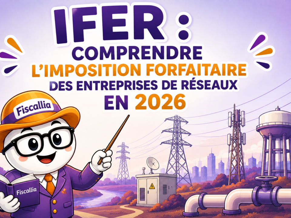 Illustration Fiscallia expliquant l’IFER, l’imposition forfaitaire des entreprises de réseaux en 2026, avec la mascotte pédagogique devant des infrastructures de réseaux électriques, de télécommunications et de transport d’énergie.