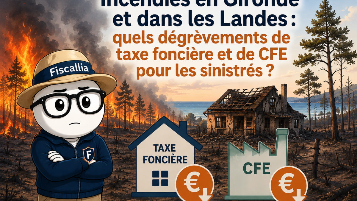 Illustration de la mascotte Fiscallia au milieu d’un paysage touché par les incendies en Gironde et dans les Landes. Le visuel présente les possibilités de dégrèvement de taxe foncière et de CFE pour les particuliers et les professionnels sinistrés.