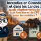 Illustration de la mascotte Fiscallia au milieu d’un paysage touché par les incendies en Gironde et dans les Landes. Le visuel présente les possibilités de dégrèvement de taxe foncière et de CFE pour les particuliers et les professionnels sinistrés.