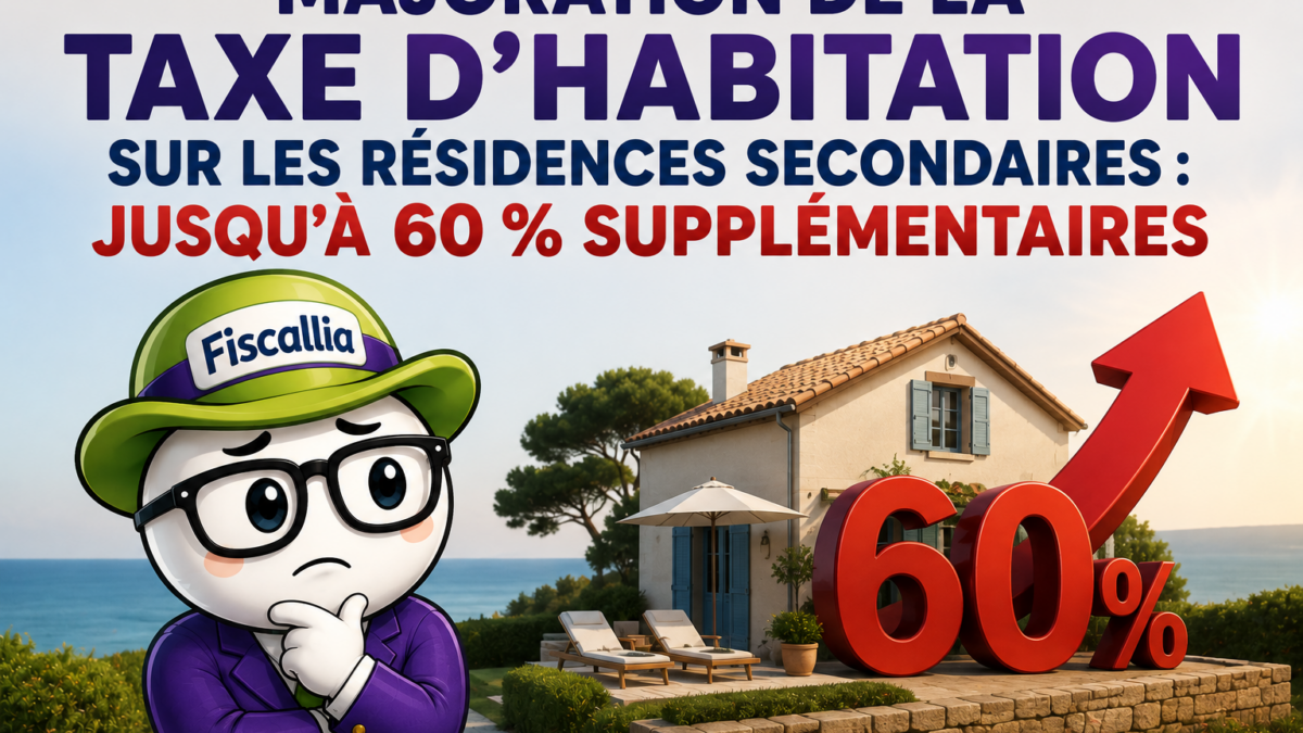 Illustration Fiscallia sur la majoration de la taxe d’habitation des résidences secondaires, pouvant atteindre 60 %, avec une mascotte préoccupée devant une résidence secondaire et une flèche symbolisant la hausse de l’imposition.