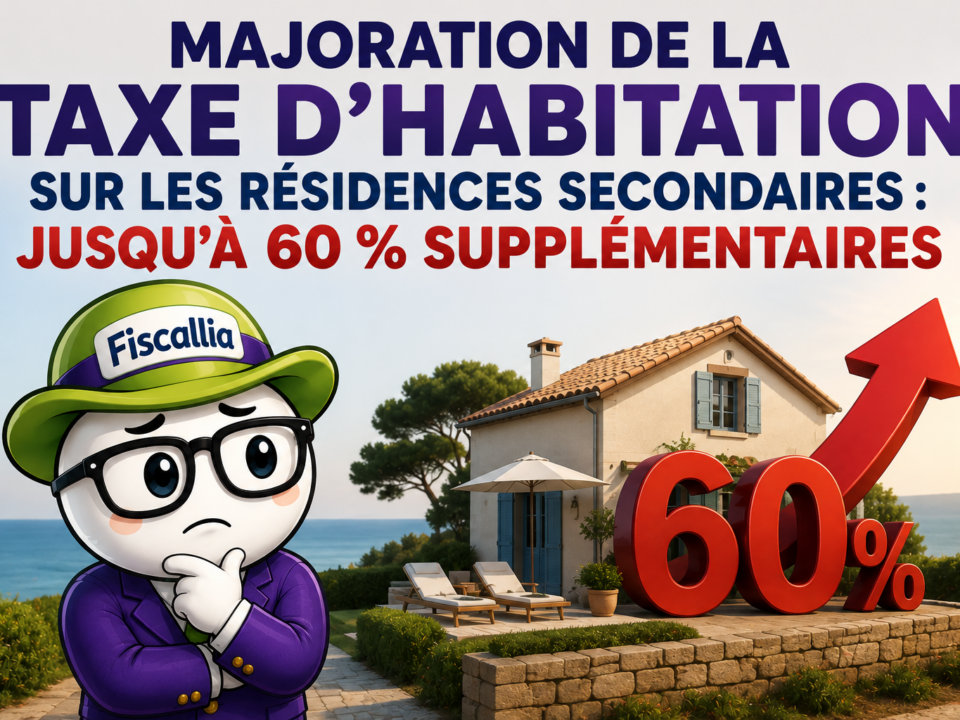 Illustration Fiscallia sur la majoration de la taxe d’habitation des résidences secondaires, pouvant atteindre 60 %, avec une mascotte préoccupée devant une résidence secondaire et une flèche symbolisant la hausse de l’imposition.