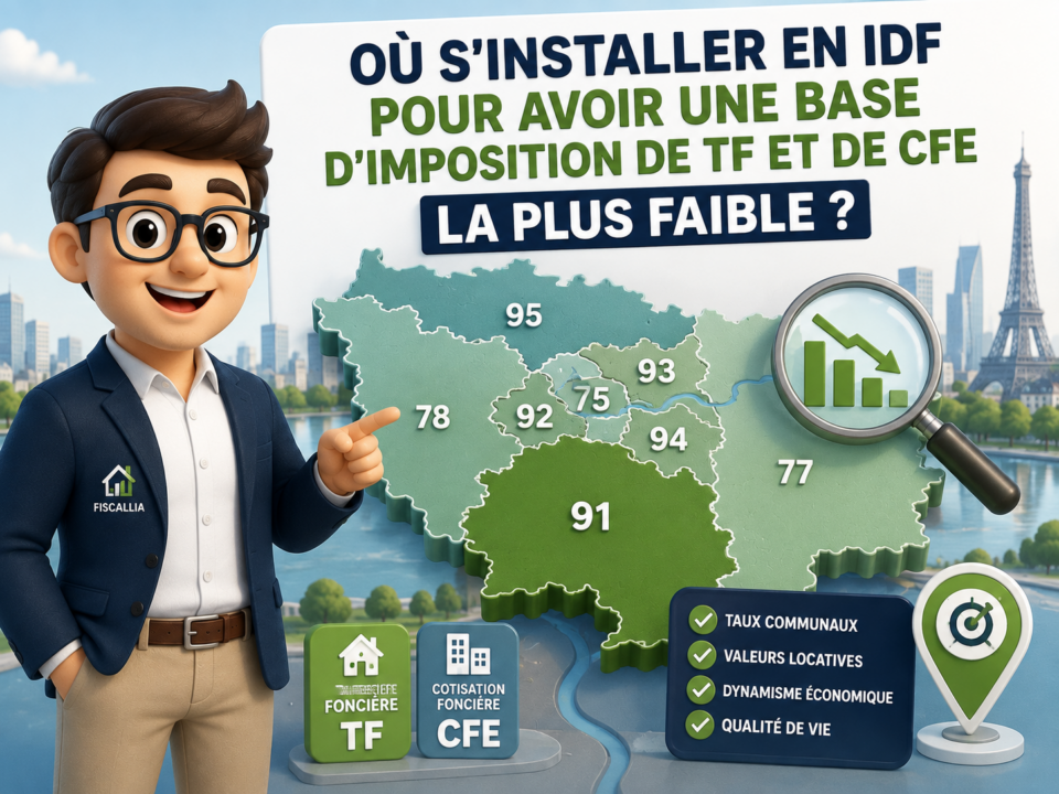 Illustration Fiscallia sur le choix d’une implantation en Île-de-France afin de rechercher une base d’imposition de taxe foncière et de CFE plus faible selon les départements et les valeurs locatives applicables.