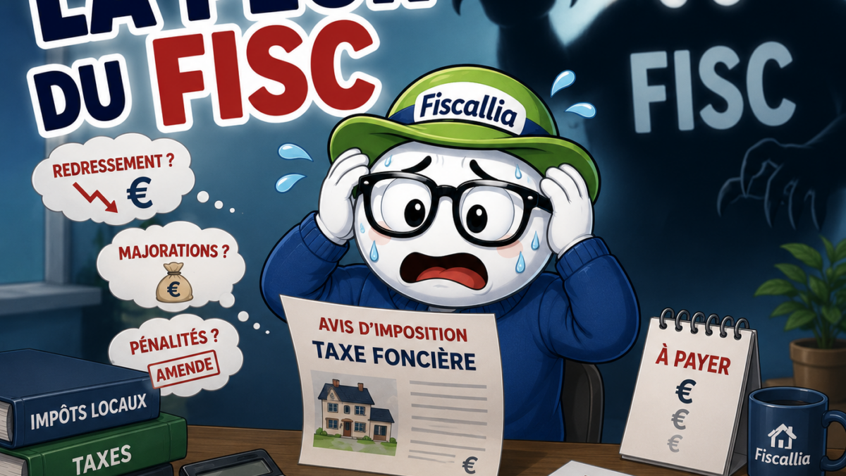 Illustration Fiscallia représentant un redevable inquiet face à son avis d’imposition et à la peur du fisc, symbolisant la crainte du contrôle fiscal, du redressement, des majorations et des pénalités.