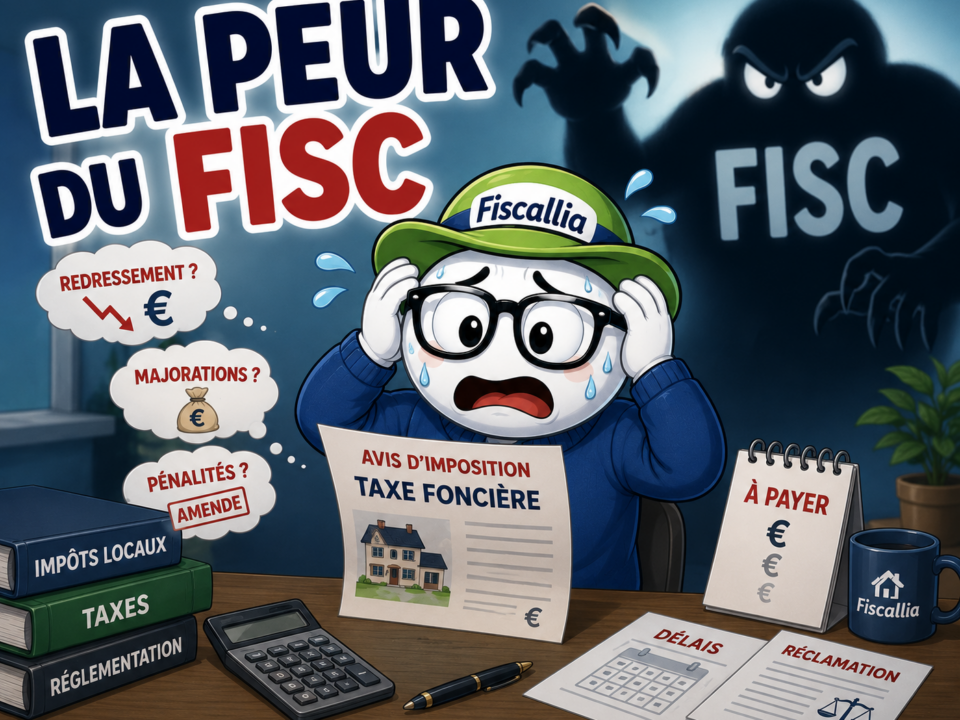 Illustration Fiscallia représentant un redevable inquiet face à son avis d’imposition et à la peur du fisc, symbolisant la crainte du contrôle fiscal, du redressement, des majorations et des pénalités.