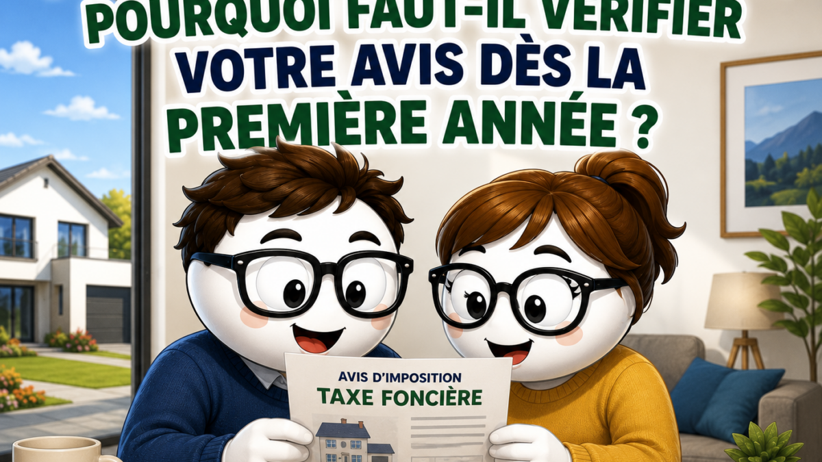 Illustration Fiscallia montrant un couple découvrant son premier avis de taxe foncière et vérifiant son imposition dès la première année suivant l’acquisition de son logement.