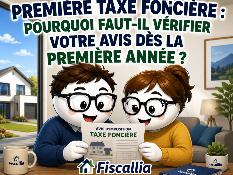 Illustration Fiscallia montrant un couple découvrant son premier avis de taxe foncière et vérifiant son imposition dès la première année suivant l’acquisition de son logement.
