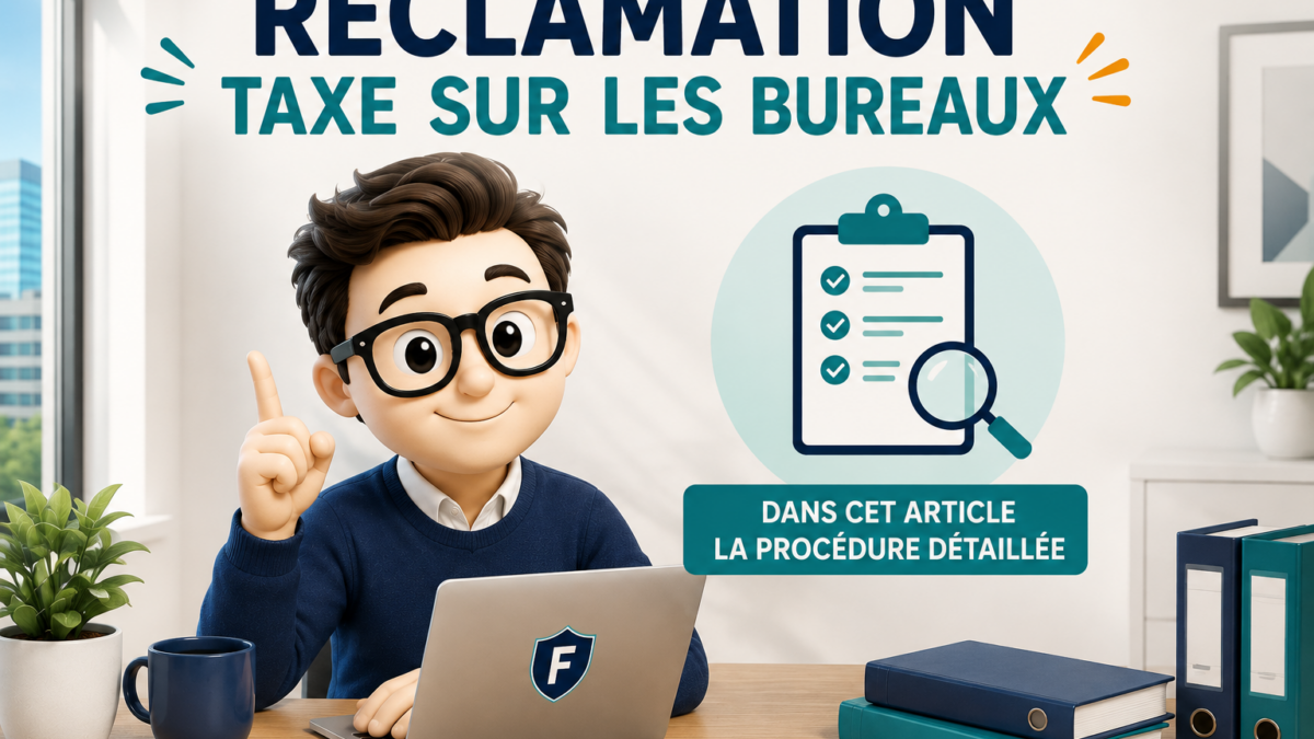 Illustration Fiscallia consacrée à la réclamation de la taxe sur les bureaux, avec un expert présentant la procédure permettant de contester cette imposition et d’en vérifier le calcul.