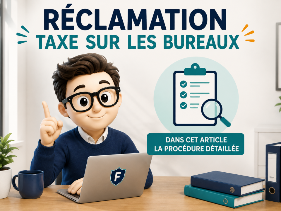 Illustration Fiscallia consacrée à la réclamation de la taxe sur les bureaux, avec un expert présentant la procédure permettant de contester cette imposition et d’en vérifier le calcul.