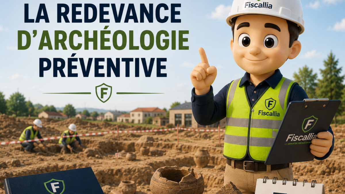 Illustration 3D représentant la mascotte Fiscallia en tenue de chantier sur un site de fouilles archéologiques, présentant la redevance d’archéologie préventive. Le visuel met en scène des vestiges archéologiques, des archéologues en intervention et des éléments de chantier, avec un habillage graphique aux couleurs de Fiscallia et le titre « La redevance d’archéologie préventive ». Style moderne, pédagogique et professionnel.