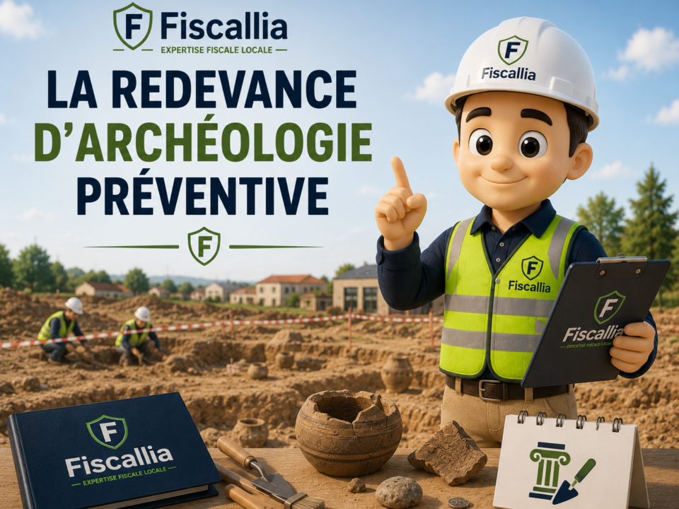 Illustration 3D représentant la mascotte Fiscallia en tenue de chantier sur un site de fouilles archéologiques, présentant la redevance d’archéologie préventive. Le visuel met en scène des vestiges archéologiques, des archéologues en intervention et des éléments de chantier, avec un habillage graphique aux couleurs de Fiscallia et le titre « La redevance d’archéologie préventive ». Style moderne, pédagogique et professionnel.