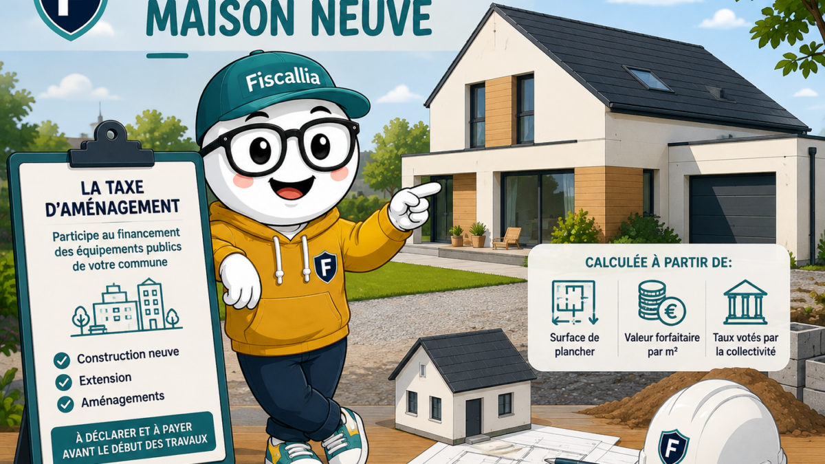 Illustration de la mascotte Fiscallia présentant la taxe d’aménagement applicable à une maison neuve. Le visuel montre une construction récente et les principaux éléments du calcul de la taxe d’aménagement : surface taxable, valeur forfaitaire et taux votés par les collectivités territoriales.