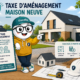 Illustration de la mascotte Fiscallia présentant la taxe d’aménagement applicable à une maison neuve. Le visuel montre une construction récente et les principaux éléments du calcul de la taxe d’aménagement : surface taxable, valeur forfaitaire et taux votés par les collectivités territoriales.