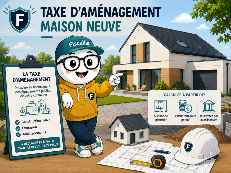 Illustration de la mascotte Fiscallia présentant la taxe d’aménagement applicable à une maison neuve. Le visuel montre une construction récente et les principaux éléments du calcul de la taxe d’aménagement : surface taxable, valeur forfaitaire et taux votés par les collectivités territoriales.