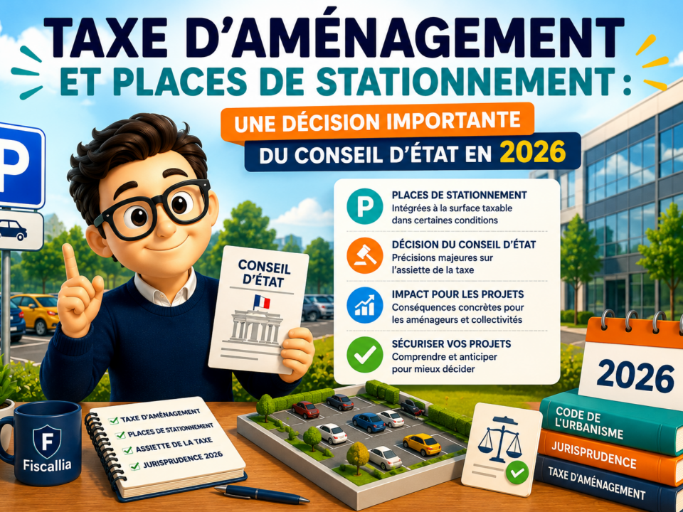 Illustration Fiscallia sur la taxe d’aménagement applicable aux places de stationnement, présentant une décision importante du Conseil d’État en 2026 et ses conséquences sur l’assiette de la taxe.