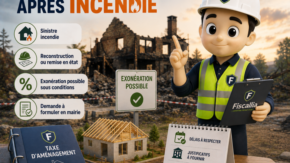 Illustration 3D représentant la mascotte Fiscallia en tenue de chantier devant un bâtiment détruit par un incendie et un projet de reconstruction. Le visuel illustre les conditions d’exonération de taxe d’aménagement lors de la reconstruction d’un bâtiment sinistré après un incendie.
