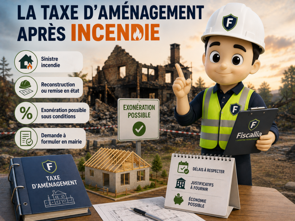Illustration 3D représentant la mascotte Fiscallia en tenue de chantier devant un bâtiment détruit par un incendie et un projet de reconstruction. Le visuel illustre les conditions d’exonération de taxe d’aménagement lors de la reconstruction d’un bâtiment sinistré après un incendie.
