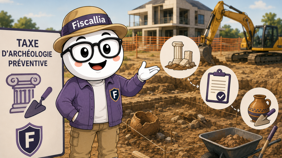 Illustration de la mascotte Fiscallia présentant la taxe d’archéologie préventive sur un chantier de construction avec des fouilles archéologiques. Le visuel évoque les travaux soumis à cette taxe et la préservation du patrimoine archéologique.