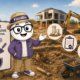 Illustration de la mascotte Fiscallia présentant la taxe d’archéologie préventive sur un chantier de construction avec des fouilles archéologiques. Le visuel évoque les travaux soumis à cette taxe et la préservation du patrimoine archéologique.