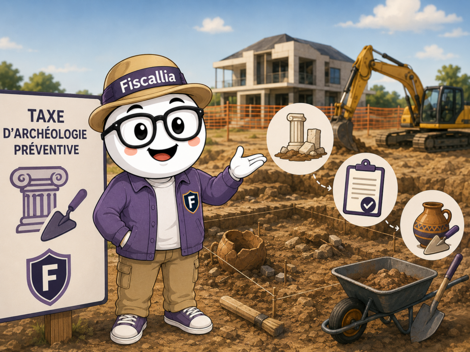 Illustration de la mascotte Fiscallia présentant la taxe d’archéologie préventive sur un chantier de construction avec des fouilles archéologiques. Le visuel évoque les travaux soumis à cette taxe et la préservation du patrimoine archéologique.