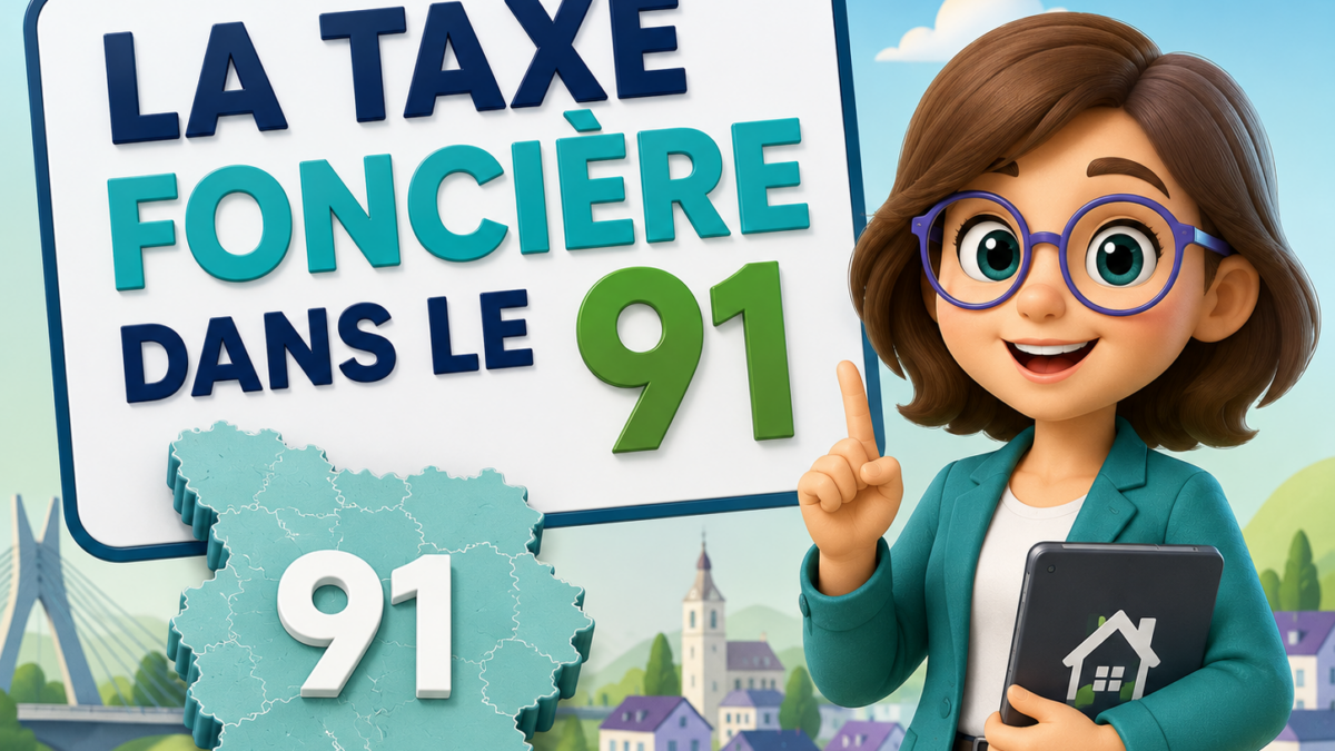 Illustration Fiscallia sur la taxe foncière dans l’Essonne (91), avec une mascotte féminine et une représentation du département de l’Essonne.