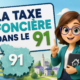 Illustration Fiscallia sur la taxe foncière dans l’Essonne (91), avec une mascotte féminine et une représentation du département de l’Essonne.