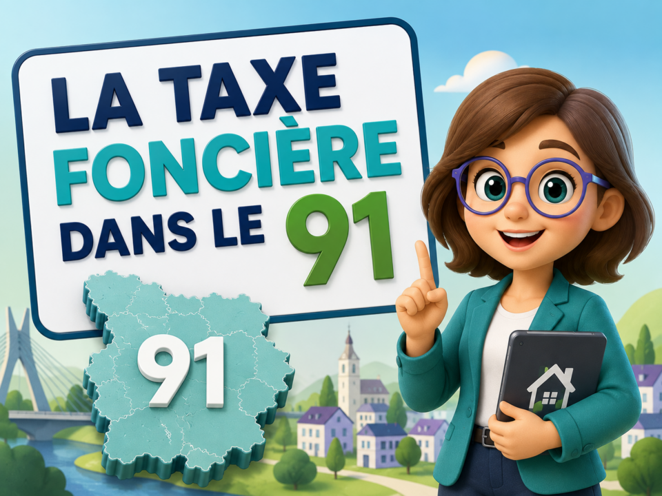 Illustration Fiscallia sur la taxe foncière dans l’Essonne (91), avec une mascotte féminine et une représentation du département de l’Essonne.