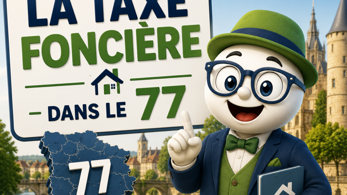Illustration Fiscallia sur la taxe foncière en Seine-et-Marne (77), avec la mascotte Fiscallia et une représentation du département.