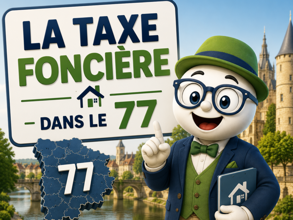 Illustration Fiscallia sur la taxe foncière en Seine-et-Marne (77), avec la mascotte Fiscallia et une représentation du département.