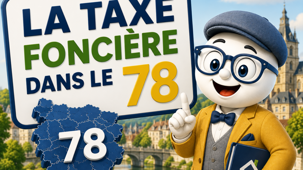 Illustration Fiscallia sur la taxe foncière dans les Yvelines (78), avec la mascotte Fiscallia et une représentation du département des Yvelines.