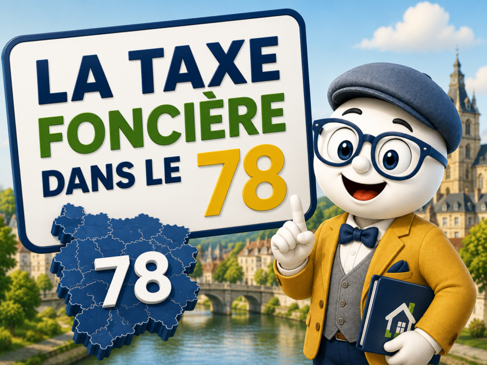 Illustration Fiscallia sur la taxe foncière dans les Yvelines (78), avec la mascotte Fiscallia et une représentation du département des Yvelines.