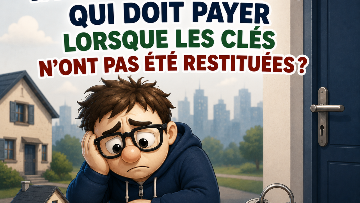 Illustration Fiscallia sur la taxe d’habitation lorsque les clés d’un logement n’ont pas été restituées après la résiliation du bail, avec une mascotte découragée s’interrogeant sur le redevable de l’impôt.