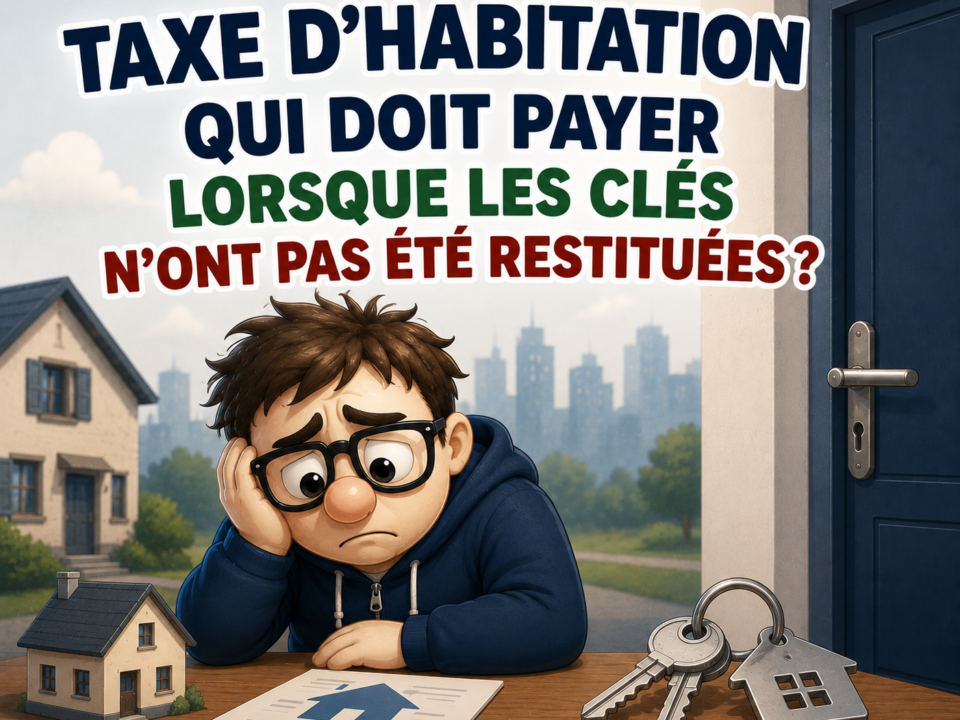 Illustration Fiscallia sur la taxe d’habitation lorsque les clés d’un logement n’ont pas été restituées après la résiliation du bail, avec une mascotte découragée s’interrogeant sur le redevable de l’impôt.