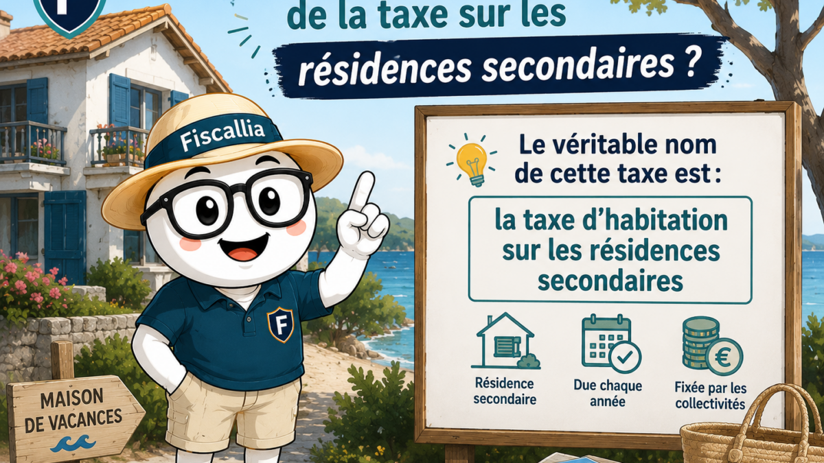 Illustration de la mascotte Fiscallia présentant la taxe d’habitation sur les résidences secondaires. Le visuel explique le nom de cette imposition applicable aux résidences secondaires, dans un décor de maison de vacances en bord de mer.