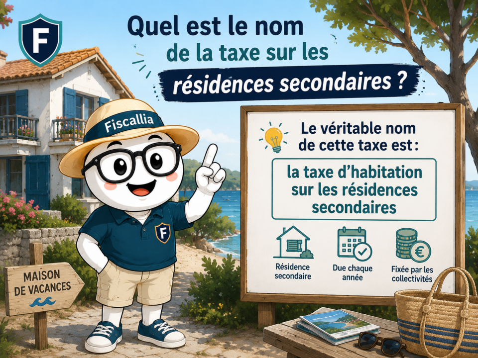 Illustration de la mascotte Fiscallia présentant la taxe d’habitation sur les résidences secondaires. Le visuel explique le nom de cette imposition applicable aux résidences secondaires, dans un décor de maison de vacances en bord de mer.