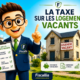 Illustration 3D colorée représentant la mascotte « L'Expert » de Fiscallia présentant la taxe sur les logements vacants. La scène met en avant une maison inoccupée portant la mention « Logement vacant », tandis que la mascotte explique les principes de cette imposition avec les couleurs de Fiscallia, dans un style moderne, pédagogique et dynamique.