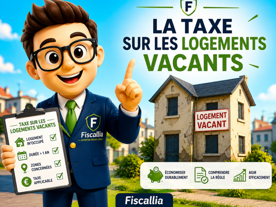 Illustration 3D colorée représentant la mascotte « L'Expert » de Fiscallia présentant la taxe sur les logements vacants. La scène met en avant une maison inoccupée portant la mention « Logement vacant », tandis que la mascotte explique les principes de cette imposition avec les couleurs de Fiscallia, dans un style moderne, pédagogique et dynamique.