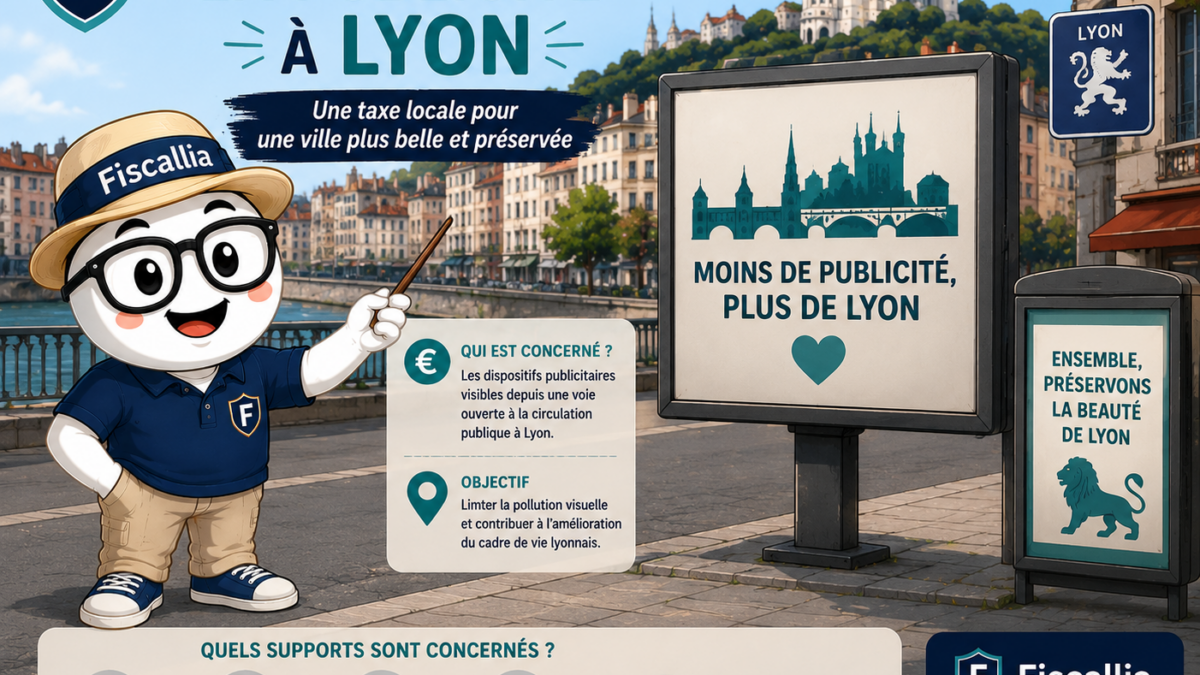 Illustration de la mascotte Fiscallia présentant la taxe sur la publicité à Lyon, avec la ville et la basilique de Fourvière en arrière-plan. Le visuel évoque la taxation locale des dispositifs publicitaires, notamment les panneaux, affiches, dispositifs lumineux et écrans numériques.