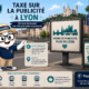 Illustration de la mascotte Fiscallia présentant la taxe sur la publicité à Lyon, avec la ville et la basilique de Fourvière en arrière-plan. Le visuel évoque la taxation locale des dispositifs publicitaires, notamment les panneaux, affiches, dispositifs lumineux et écrans numériques.