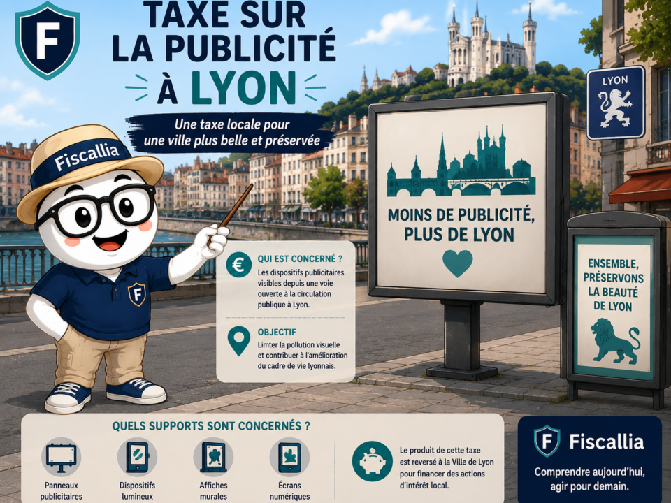 Illustration de la mascotte Fiscallia présentant la taxe sur la publicité à Lyon, avec la ville et la basilique de Fourvière en arrière-plan. Le visuel évoque la taxation locale des dispositifs publicitaires, notamment les panneaux, affiches, dispositifs lumineux et écrans numériques.