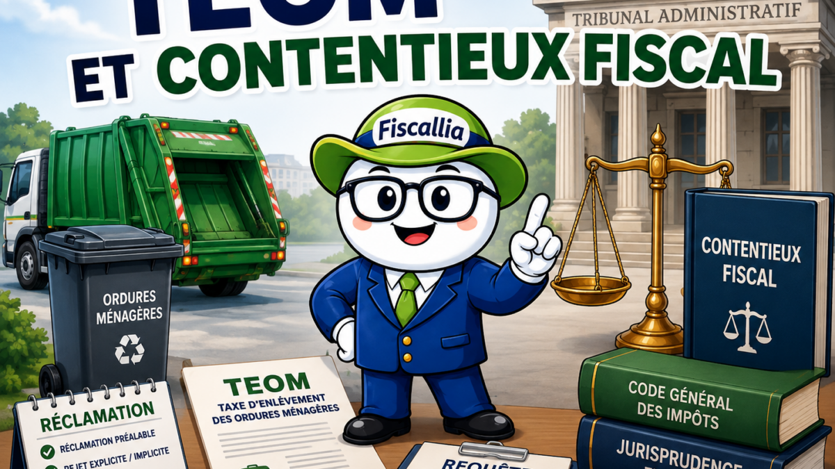 Illustration Fiscallia sur la TEOM et le contentieux fiscal, avec la mascotte expert devant un tribunal administratif, accompagnée d’un camion de collecte des déchets et de documents symbolisant la réclamation et la procédure contentieuse.