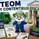 Illustration Fiscallia sur la TEOM et le contentieux fiscal, avec la mascotte expert devant un tribunal administratif, accompagnée d’un camion de collecte des déchets et de documents symbolisant la réclamation et la procédure contentieuse.