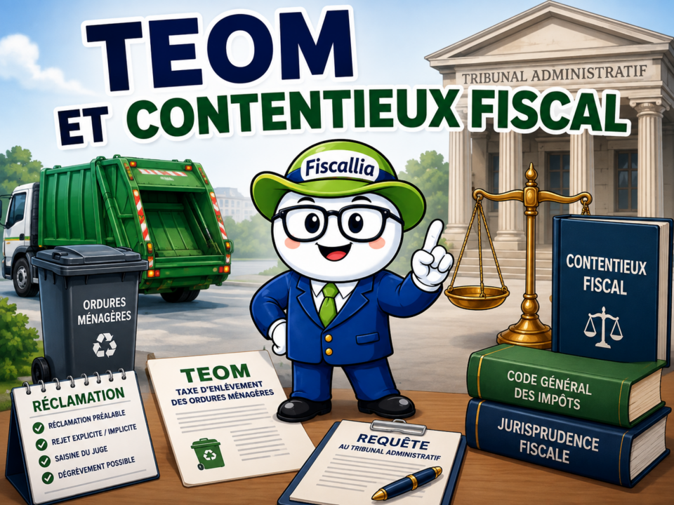 Illustration Fiscallia sur la TEOM et le contentieux fiscal, avec la mascotte expert devant un tribunal administratif, accompagnée d’un camion de collecte des déchets et de documents symbolisant la réclamation et la procédure contentieuse.