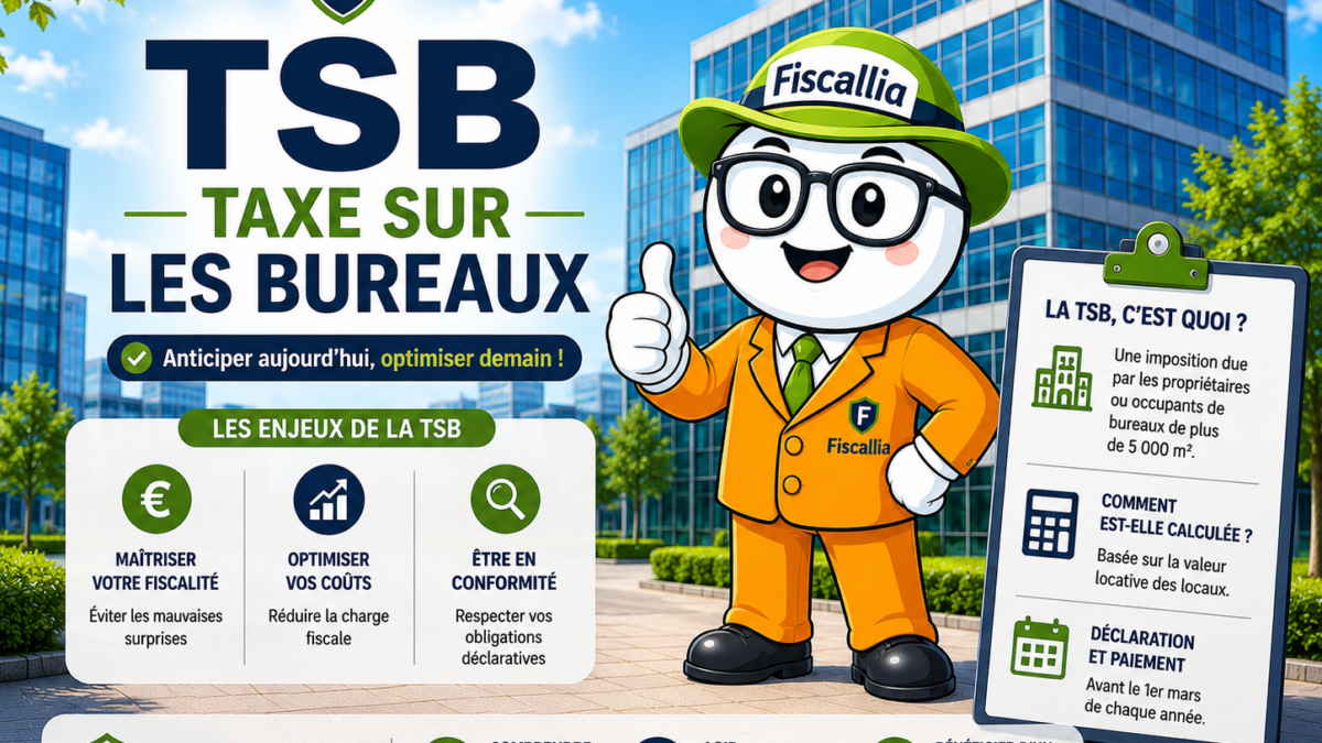 Illustration de la mascotte Fiscallia présentant la TSB, taxe sur les bureaux, devant des immeubles de bureaux modernes. Le visuel illustre les principaux enjeux de cette fiscalité : calcul de la taxe, obligations déclaratives, paiement et accompagnement par un expert en fiscalité locale.