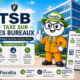 Illustration de la mascotte Fiscallia présentant la TSB, taxe sur les bureaux, devant des immeubles de bureaux modernes. Le visuel illustre les principaux enjeux de cette fiscalité : calcul de la taxe, obligations déclaratives, paiement et accompagnement par un expert en fiscalité locale.