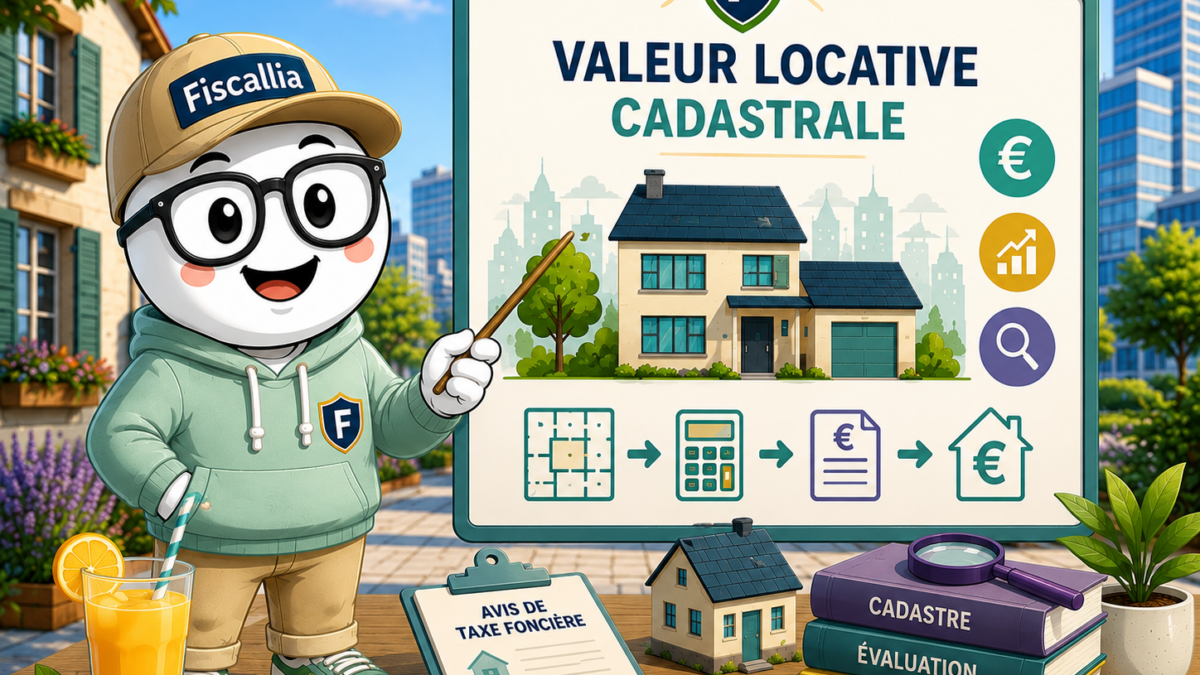 Illustration de la mascotte Fiscallia en tenue décontractée présentant la valeur locative cadastrale. Le visuel évoque le calcul de cette valeur à partir des caractéristiques du bien immobilier et son rôle dans la détermination de la taxe foncière.