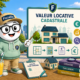 Illustration de la mascotte Fiscallia en tenue décontractée présentant la valeur locative cadastrale. Le visuel évoque le calcul de cette valeur à partir des caractéristiques du bien immobilier et son rôle dans la détermination de la taxe foncière.