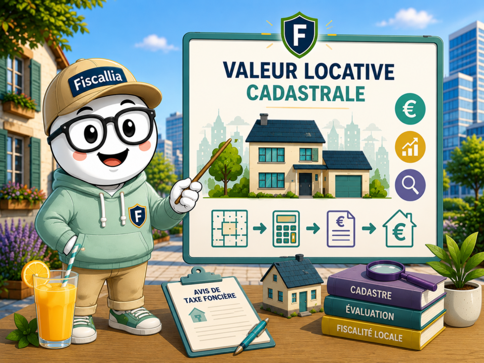Illustration de la mascotte Fiscallia en tenue décontractée présentant la valeur locative cadastrale. Le visuel évoque le calcul de cette valeur à partir des caractéristiques du bien immobilier et son rôle dans la détermination de la taxe foncière.
