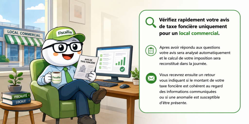 Illustration de la mascotte Fiscallia analysant un avis de taxe foncière d'un local commercial dans un bureau. Le visuel représente le service de vérification automatique permettant de reconstituer le calcul de l'imposition et de détecter d'éventuelles anomalies.
