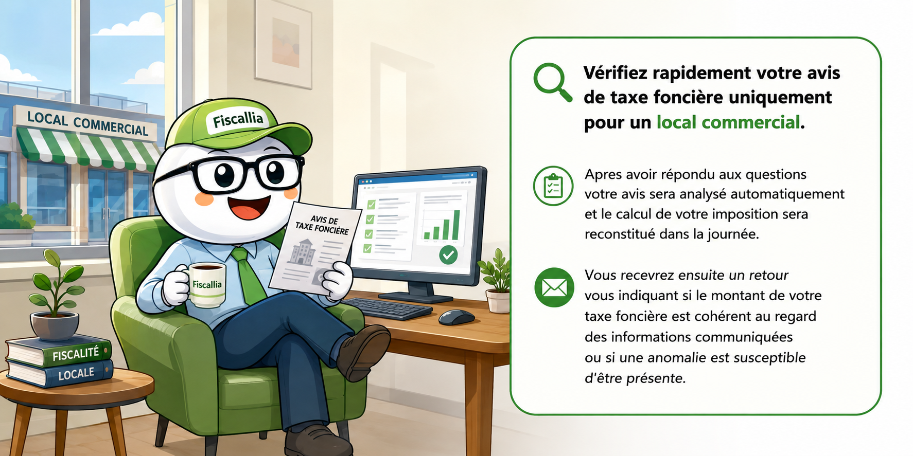 Illustration de la mascotte Fiscallia analysant un avis de taxe foncière d'un local commercial dans un bureau. Le visuel représente le service de vérification automatique permettant de reconstituer le calcul de l'imposition et de détecter d'éventuelles anomalies.